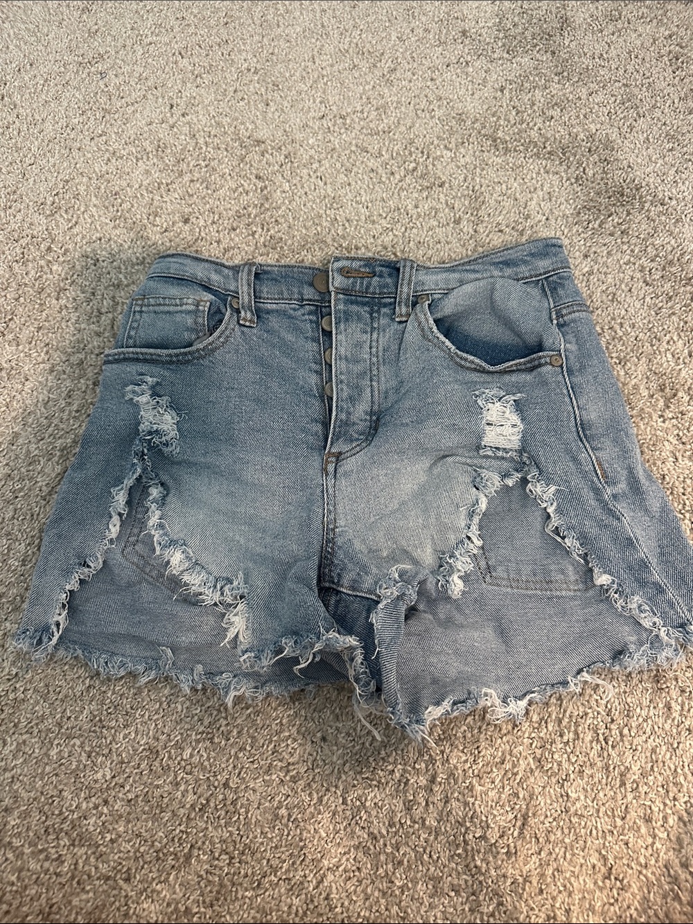 High-Rise Distressed Denim Shorts - Light Blue size 26